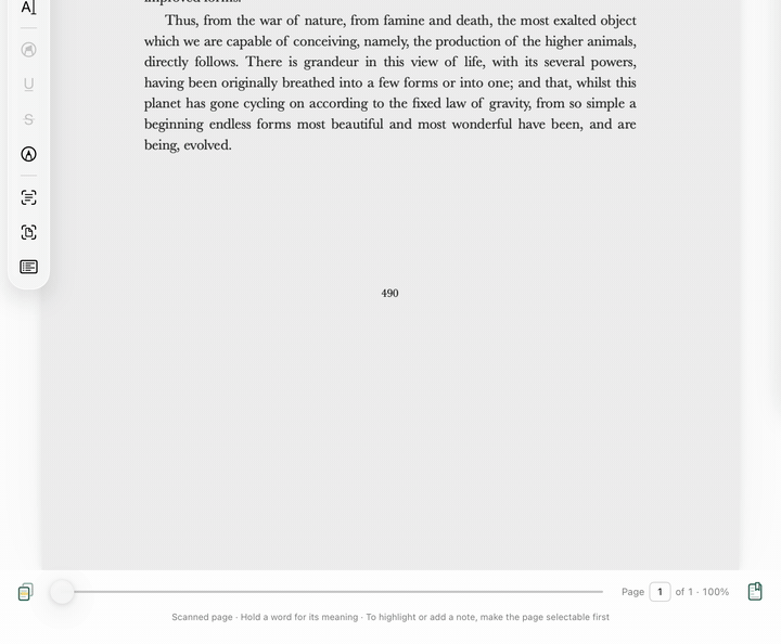 A scanned page in Pagegloss: the word grandeur is held and the panel rises with its pronunciation and the Traditional Chinese meaning 宏偉.